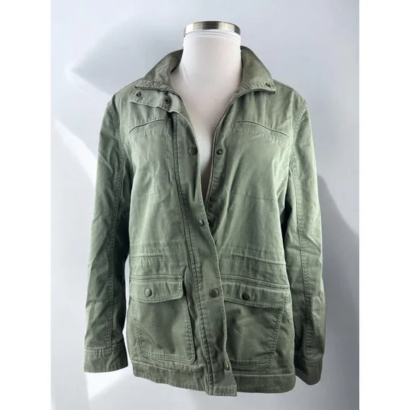 LL Bean Classic Utility Jacket Sherpa Lined Army Green Zip Snap Women's Size XL - Picture 2 of 13